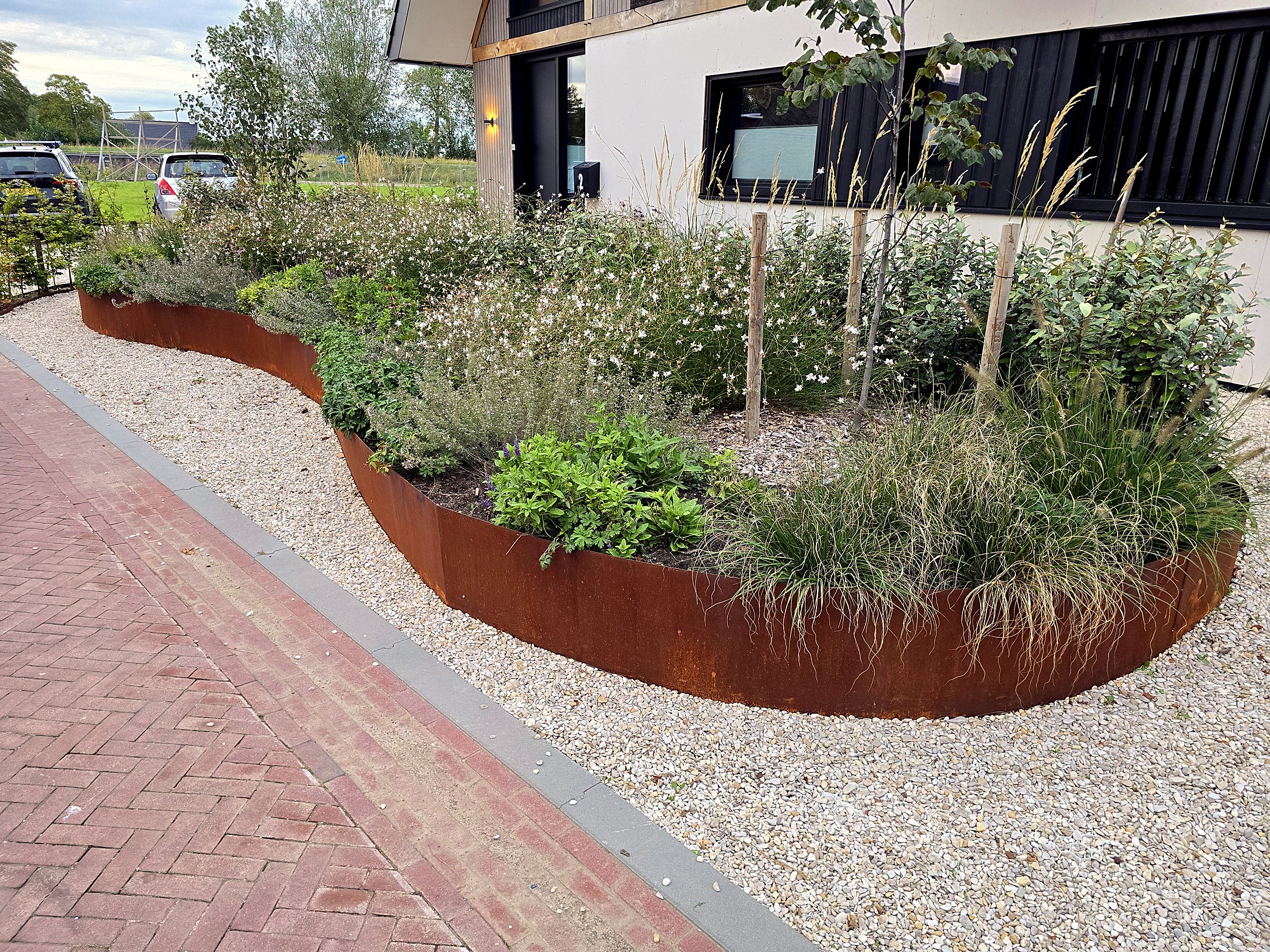 Gebogen borderrand van cortenstaal rond een beplante border in een voortuin